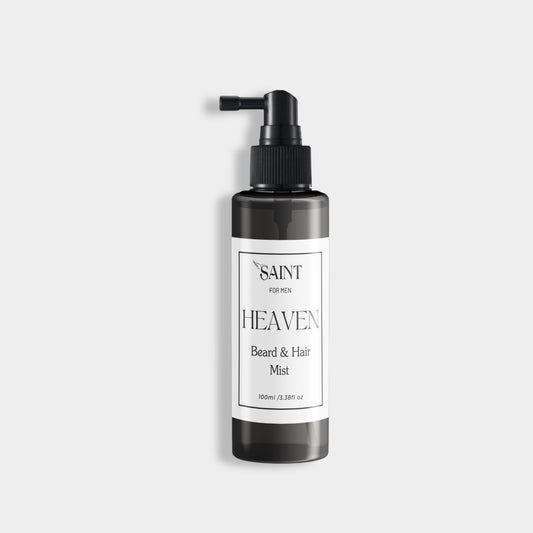 Saint for Men “Heaven” Beard & Hair Mist – black pump bottle on a white background