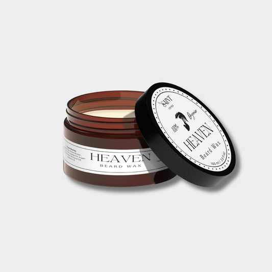 Heaven beard styling wax by Saint for Men — open amber jar with black lid on a clean white background for natural, long-lasting hold