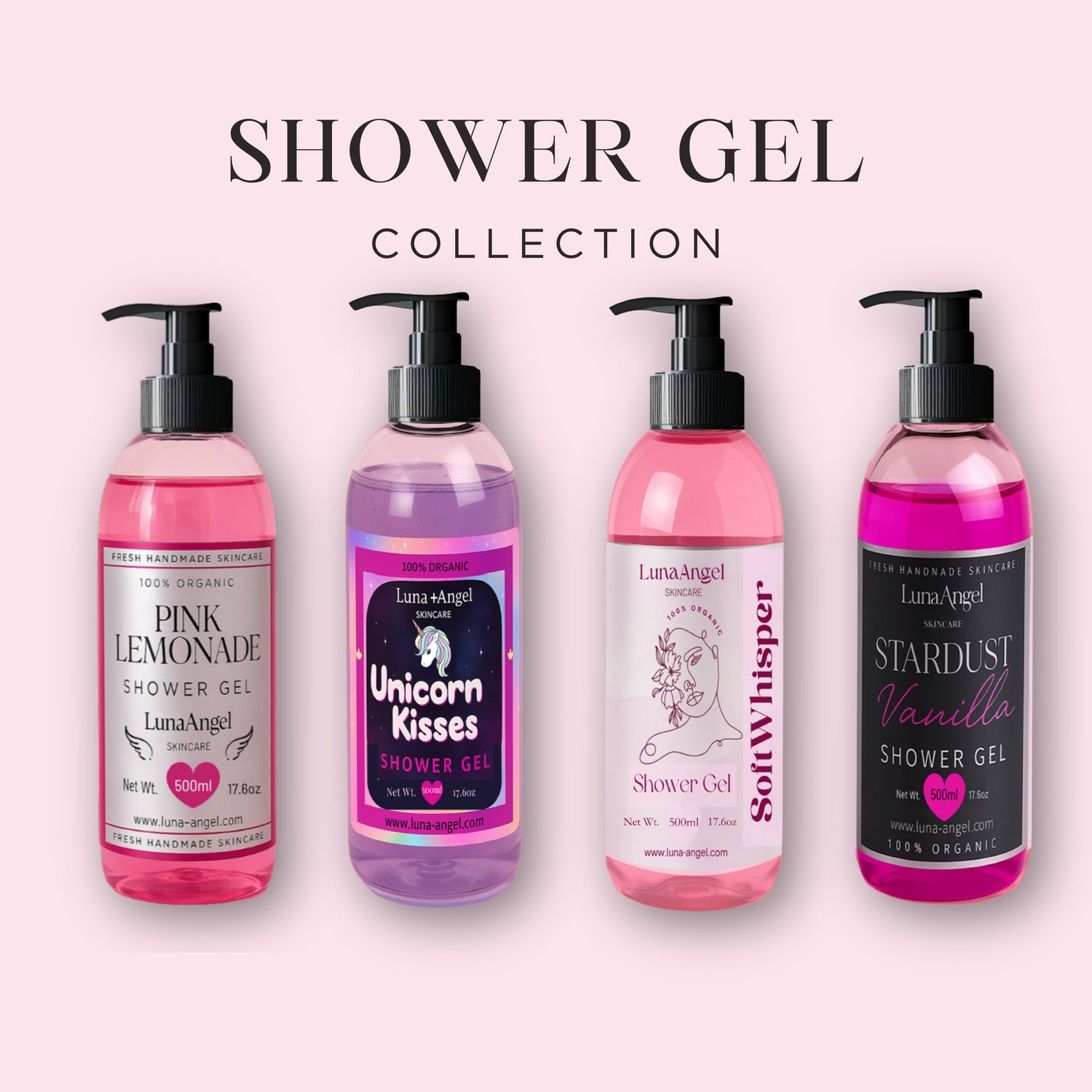 LunaAngel Shower Gel Collection featuring Pink Lemonade, Soft Whisper, Unicorn Kisses and Stardust Vanilla shower gels with refreshing scents