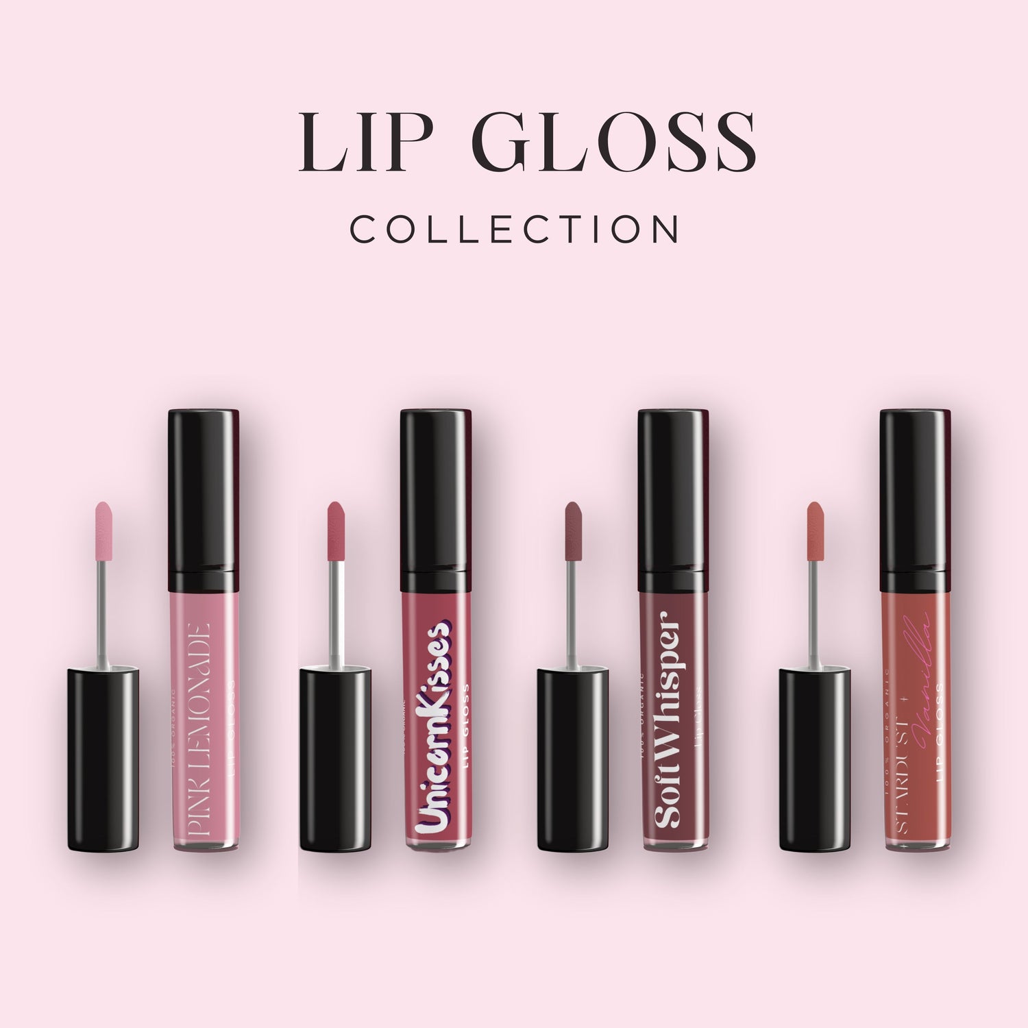 LunaAngel Lip Gloss Collection featuring Pink Lemonade, Soft Whisper, Unicorn Kisses and Stardust Vanilla lip glosses with glossy finish and line-inspired flavors
