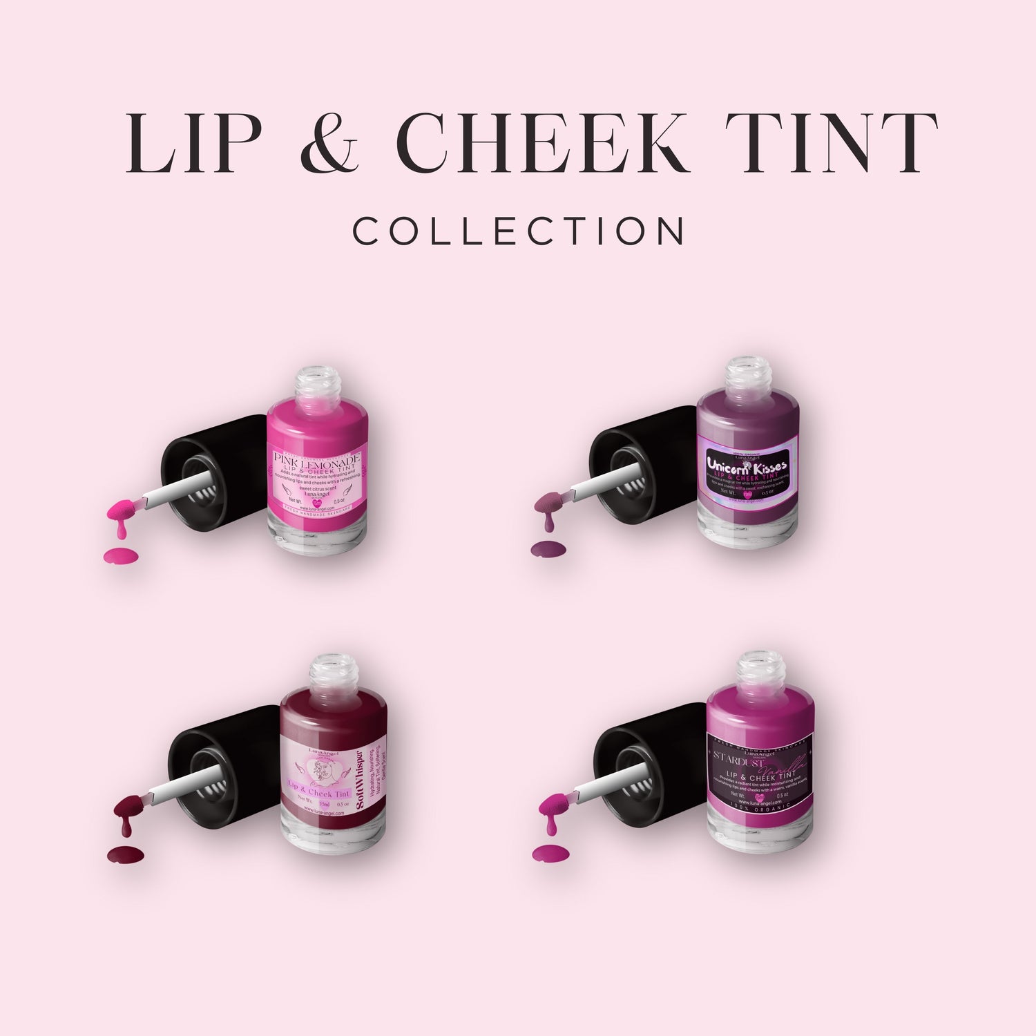 LunaAngel Organic Lip & Cheek Tint Collection in Egypt featuring natural lip and cheek tints in Pink Lemonade, Soft Whisper, Unicorn Kisses, and Stardust Vanilla