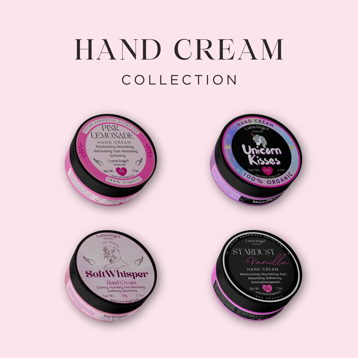 LunaAngel Hand Cream Collection featuring Pink Lemonade, Soft Whisper, Unicorn Kisses, and Stardust Vanilla hand creams on a soft pink background