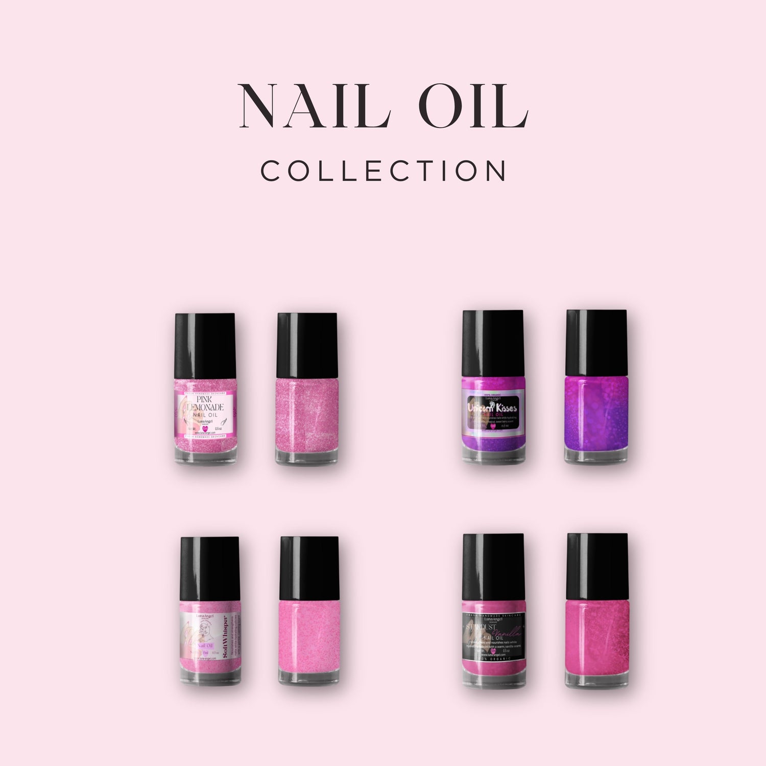LunaAngel Nail Oil Collection featuring nourishing nail oils enriched with natural oils for healthy cuticles and strong, glossy nails