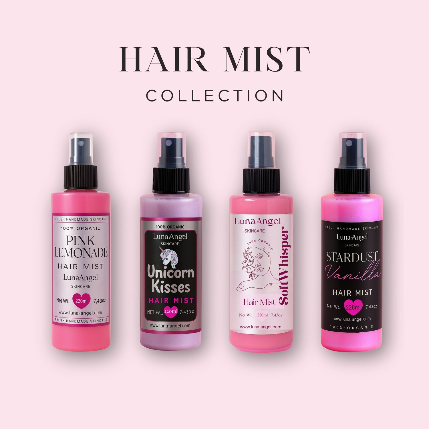 LunaAngel Hair Mist Collection featuring Pink Lemonade, Soft Whisper, Unicorn Kisses, and Stardust Vanilla hair mists on a soft pink background