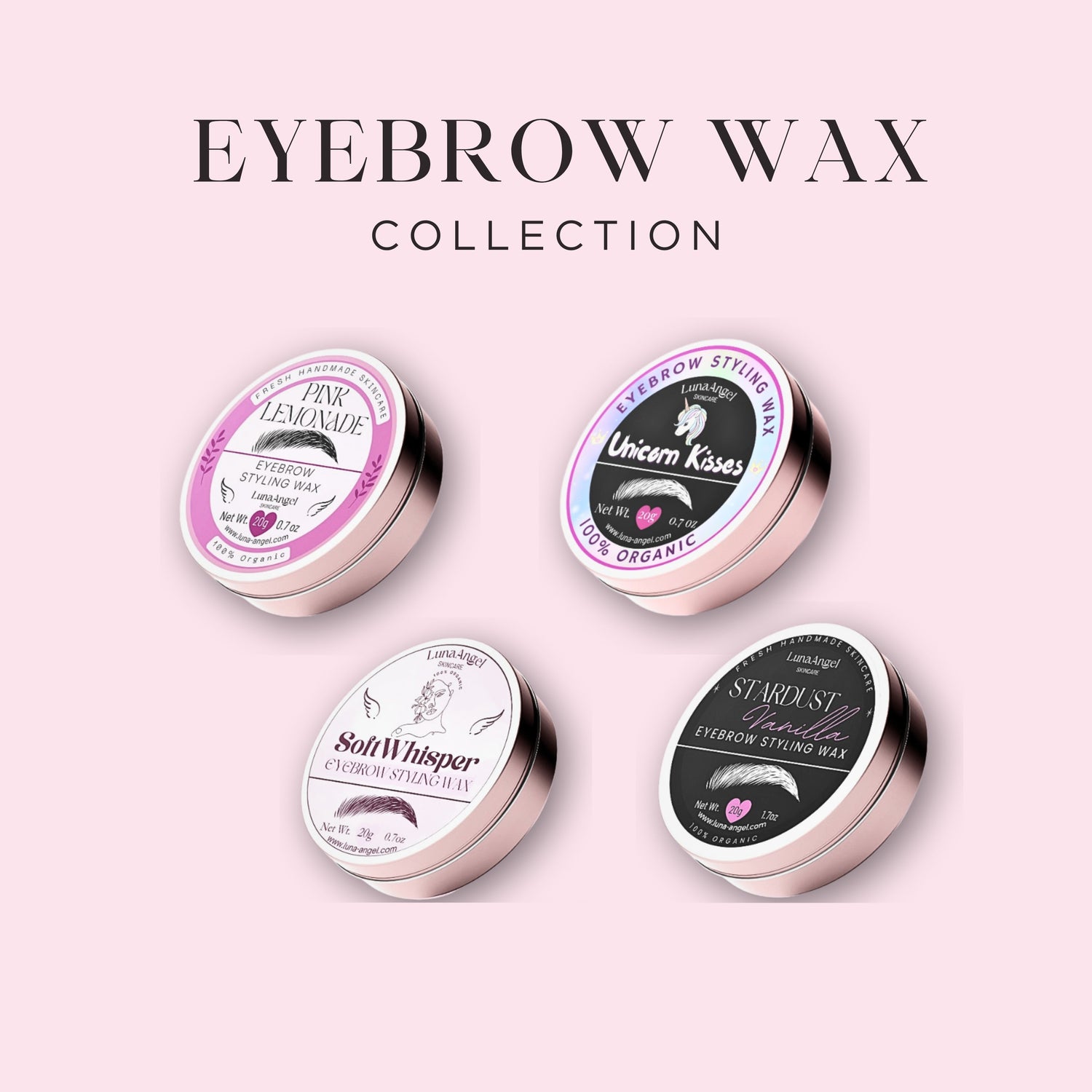 LunaAngel Eyebrow Styling Wax Collection featuring four eyebrow wax jars on a soft pink background