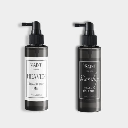 Saint for Men “Heaven” and “Worship” Beard & Hair Mist duo—black pump bottles on a white background