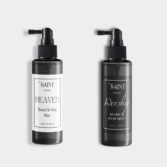 Saint for Men “Heaven” and “Worship” Beard & Hair Mist duo—black pump bottles on a white background