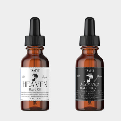 Saint for Men Heaven & Worship Beard Oil — two amber dropper bottles on a light gray background