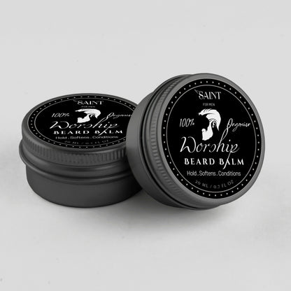 Saint for Men Worship Beard Balm — two 50ml tins stacked on a light gray background