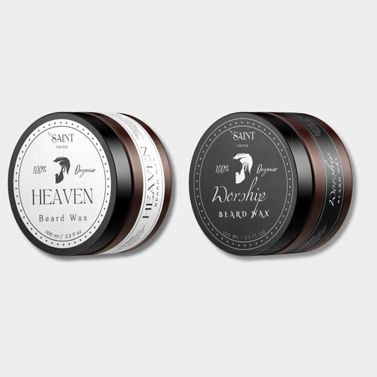 Saint for Men Heaven & Worship Beard Wax – two tins on a light grey background